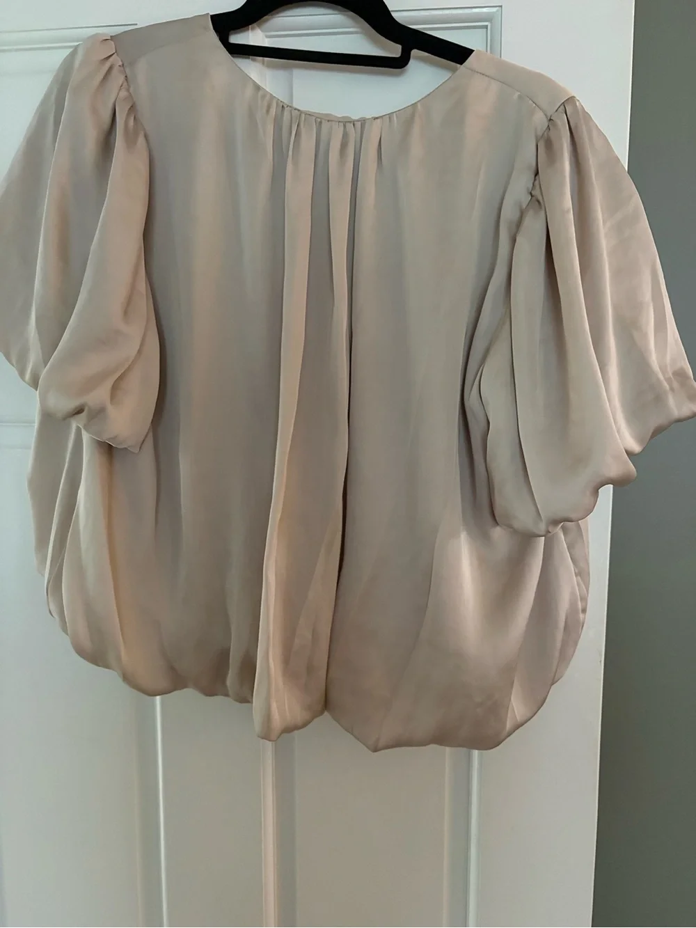 Astr Blouson V-Neck Satin Top in Champagne Beige